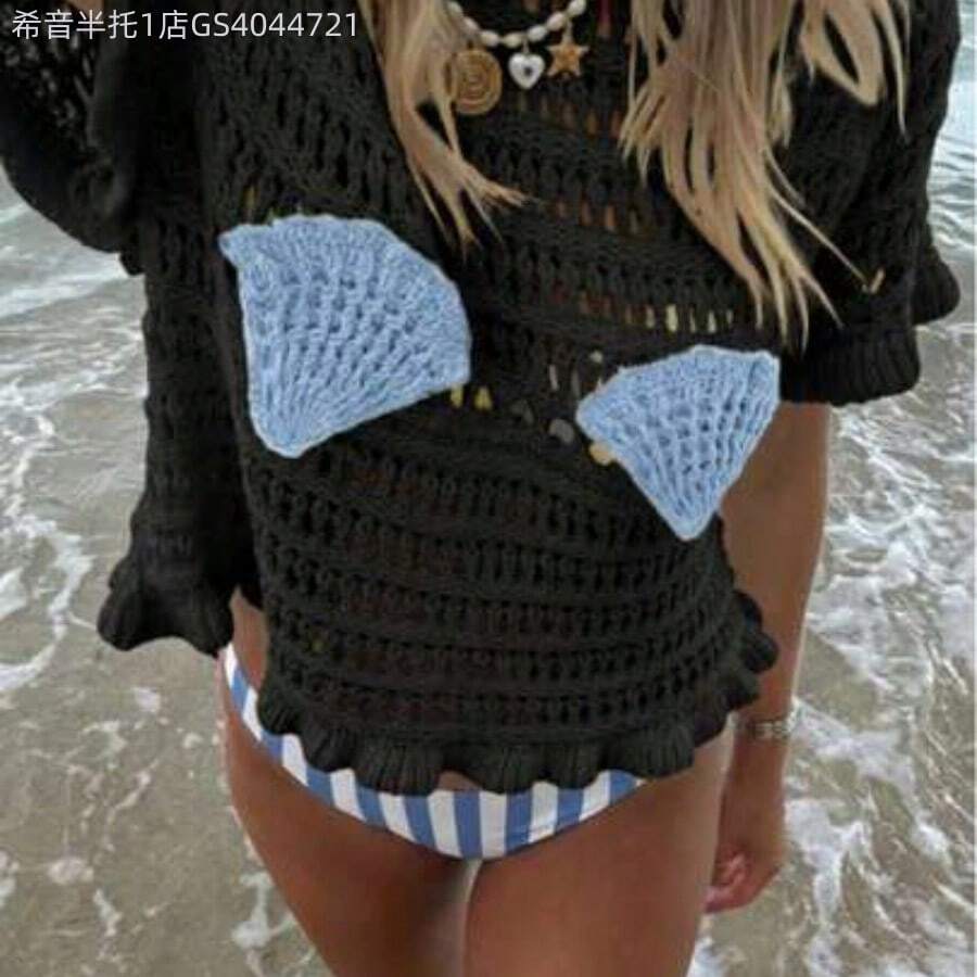 MewMuse. Blusa casual de mujer con diseño de volantes y calados en amarillo, con elementos elegantes de estilo oceánico, perfecta para vacaciones, viajes y fiestas en la piscina - Negro - Ver 1