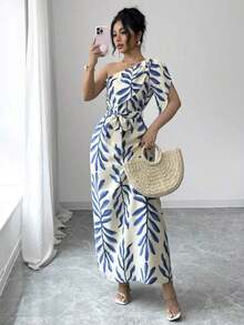 MEXElenzga Vestido ajustado con mangas abullonadas, cintura con lazo y estampado floral elegante para mujer, azul y blanco, primavera/veranoMEX V8GC - Azul - Ver 3