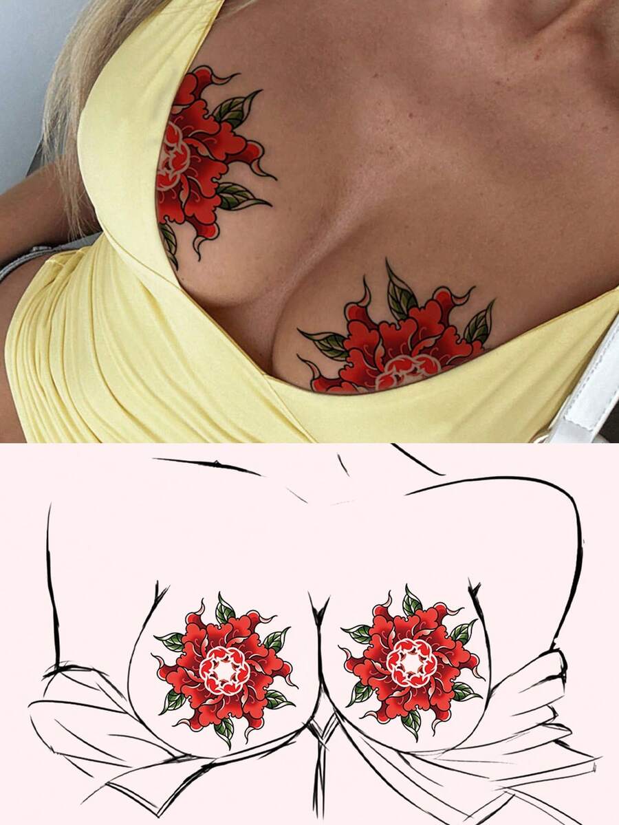 STARTTOOS 性感魅魔胸部纹身贴纸 - Y2K 红色乳贴,曼陀罗花纹,DIY 嘉年华、音乐节、派对、节日礼物,防水逼真临时纹身贴纸 - 彩色 - 查看 1