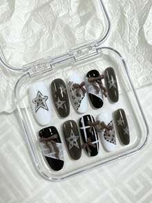 10pcs Retro Chic Leopard Print & Star Nail Tips, Almond Shape Medium Length, Mixed Nude Color Handpainted Nail Art, Comes With Jelly Gel & Nail File - Brown - View 1