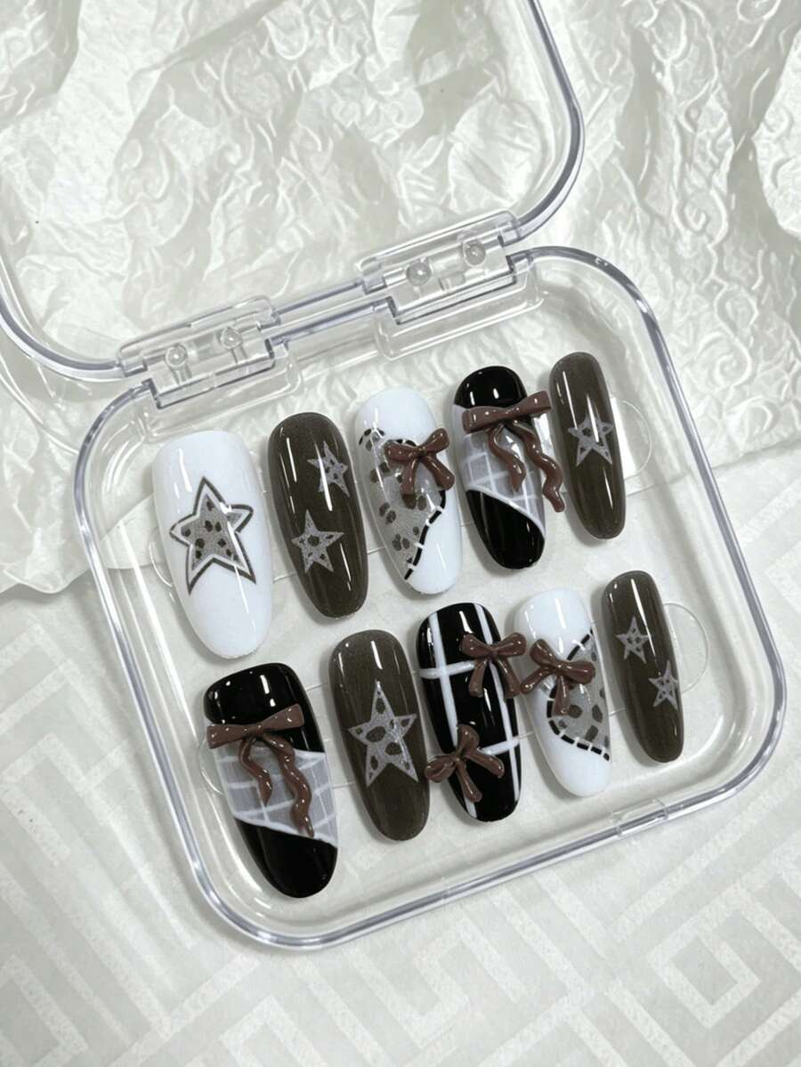 10pcs Retro Chic Leopard Print & Star Nail Tips, Almond Shape Medium Length, Mixed Nude Color Handpainted Nail Art, Comes With Jelly Gel & Nail File - Brown - View 1