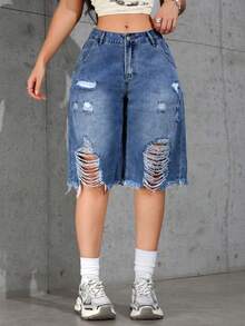 Washed Ombre Distressed Loose Denim Shorts, Casual Summer ,Petite Women - Blue - View 5