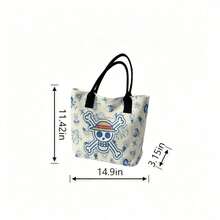 Miniso One Piece Cute Straw Hat Pirates Jolly Roger & Chibi Crew Print Canvas Tote Bag, Beige Shoulder Bag For Daily Use - Black - View 6