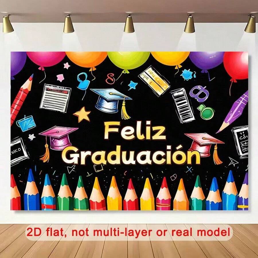 2D Flat Graduation Party Banner - Colorful Background, Featuring Graduates, Balloons, And Colorful Paper, Perfect For Home, Room, And Wall Decoration, And Also An Excellent Prop For Graduation Photos. Available In Various Styles And Sizes.