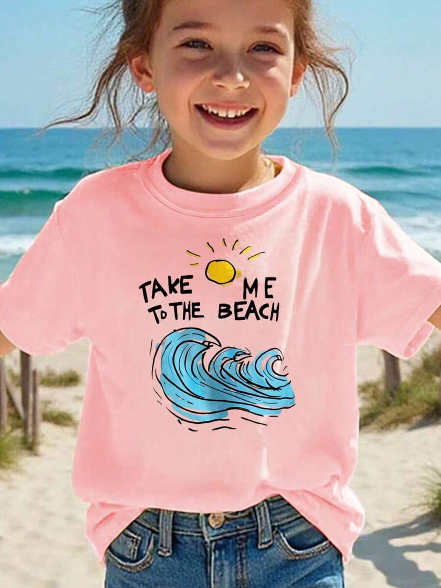 Take Me To The Beach T-Shirt For Girls - 粉色 - 查看 1