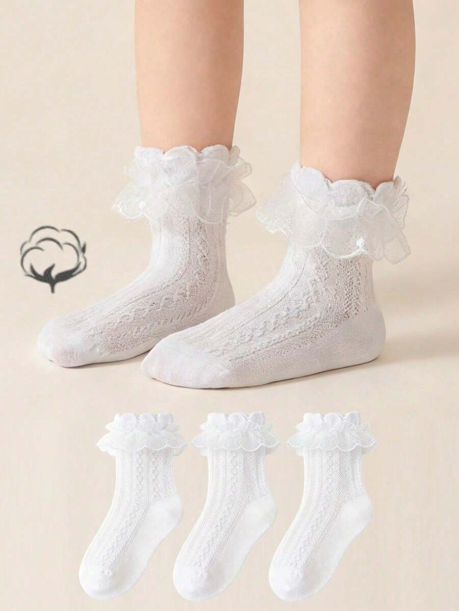 3 đôi tất cotton trơn màu viền ren cho bé gái, tất ngắn kiểu công chúa cho bé tập đi và trẻ lớn. - trắng - Xem 1