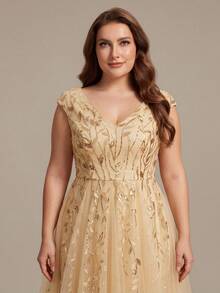 EVERPRETTY Plus Size Luxury Summer Evening Gown, Gold Leaf Sequin Sleeveless V-Neck Mid-Length Shiny Formal Cocktail Party Dress - Gold - View 6