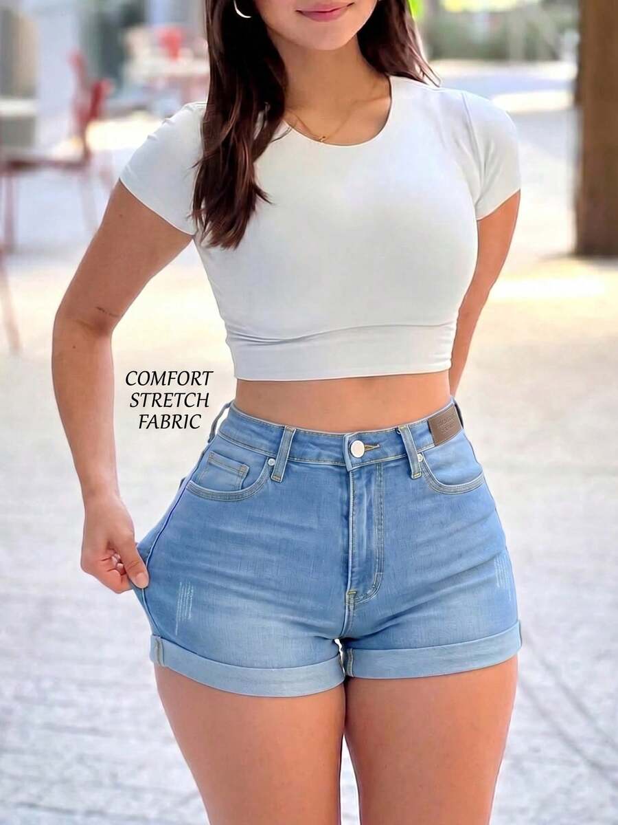 Y2K Streetwear Summer Hot Denim Shorts - Distressed With Rolled Up Hems - 淺色水洗藍3 - 查看 1