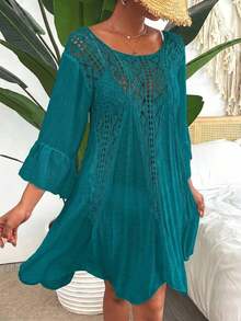 Swim Vcay Vestido cover up de croché en contraste de manga con volante - Burdeos - Ver 3