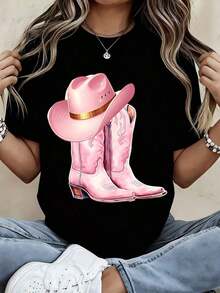 Camiseta Casual de Verano con Estampado de Sombrero y Botas de Vaquero Rosa Estilo Western para Mujer, Regalo para Amantes de las Vaqueras - Negro - Ver 3