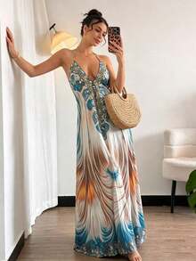 MEXAiraco Vestido casual de mujer con estampado total y cuello de halter para fiestas y salidasMEX 9ZNT - Azul - Ver 5