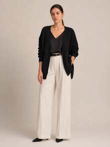 Women's Basic Longline Cardigan With Fang Stitch Knit And Long Sleeves For Autumn/Winter - 黑色 - 查看 3