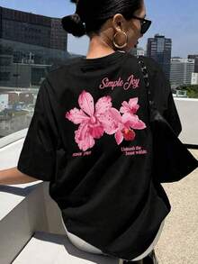 Women's Casual Shirt With Symmetrical Short Sleeves, Featuring An Easy Joy Orchid Design, Perfect For Spring And Summer. Loose And Comfortable. - Back - View 6