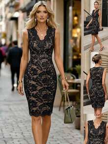 Vestido ajustado sin mangas con elegante encaje floral, para verano - Negro - Ver 11