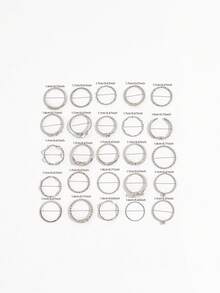 25 piezas Juego de anillos de estilo vintage con corazones de strass, lazos de lujo, letras, anillos apilables multicolor, joyas de metal versátiles para ir al trabajo y citas - Plateado - Ver 6