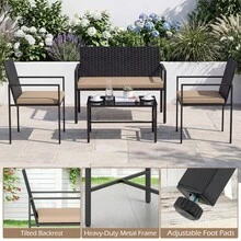 Set Of 4 Garden Furniture Set Rattan Chairs & Loveseat With Tempered Glass Coffee Table Wicker Conversation Sofa Set For Backyard, Garden, Porch, Balcony - Yellow - View 6