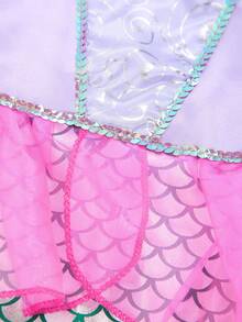 [Not For Swimming]Young Girls Flutter Sleeve Fish Scale Mermaid Skirt, Matching Magic Wand & Gloves Set, Beach Vacation Party, Girls' Evening Dress, Suitable For Outings, Gatherings, Birthday Parties, Stage Performances And Other Large Events - Lilac Purple - View 5