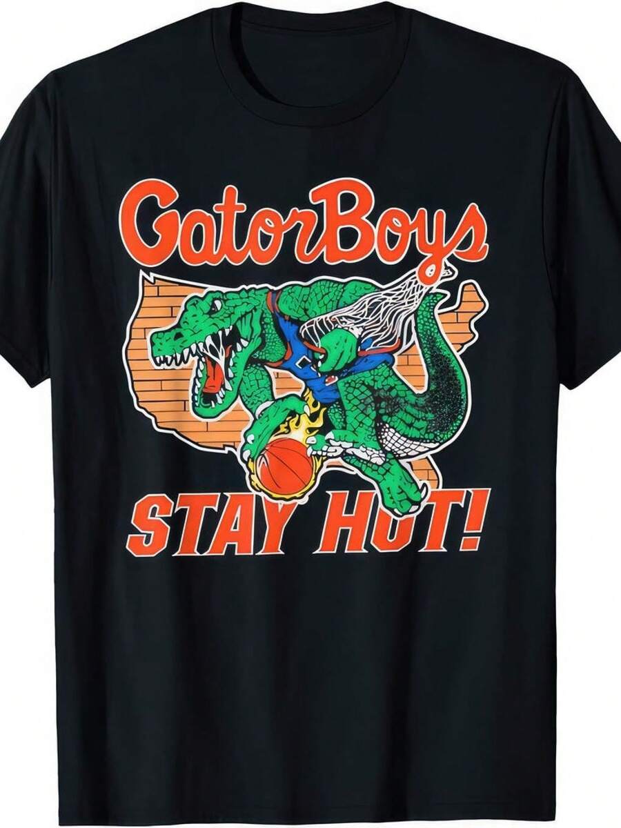 Gator Boys "Stay Hot" Alligator Graphic T-Shirt, Custom Family Design, Heavyweight 180g Pure Cotton Tee For Parents And Kids. With A Relaxed, Loose Fit, It Offers Comfort And Ease; Available In Both Kids' And Adult Sizes. - 黑色 - 查看 1