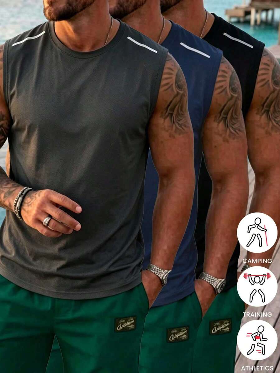 3件套男士健身运动背心，轻便户外跑步无袖训练T恤，纯色印花，夏季休闲沙滩装