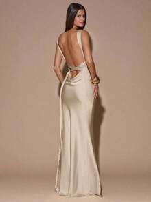 dfgSHEIN  Vestido de tirantes con escote en V profundo y espalda descubierta, de unicolor amarillo/crema, de estilo minimalista y sexy, adecuado para fiestas, cócteles, ocasiones formales, dama de honor, cumpleaños, Navidad y casual de negociosafd KGKB - Caqui - Ver 8