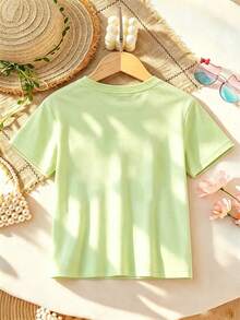 Disney Moana Princess Ocean Adventure Themed Children's T-Shirt Print, Summer Girls' Casual Cotton Round Neck Short Sleeved T-Shirt. Suitable For Daily Wear, Travel, And Sports, Comfortable And Breathable, Fashionable And Multifunctional, It Is The Perfect Gift For Children. - 抹茶綠 - 查看 2