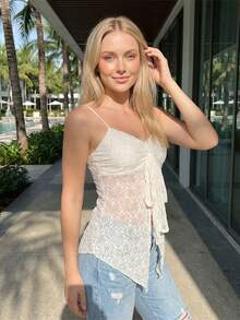 Womens Lace Halter Tank Tops Summer Fashionable Spaghetti Strap Handkerchief Hem Sheer Vest - White - View 2