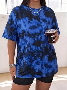Speed mate 大尺碼女款 T-Shirt，閃電印花，可愛休閒寬鬆上衣，適合運動、週末與日常穿著，短袖夏季運動上衣 - 藍色 - 查看 2