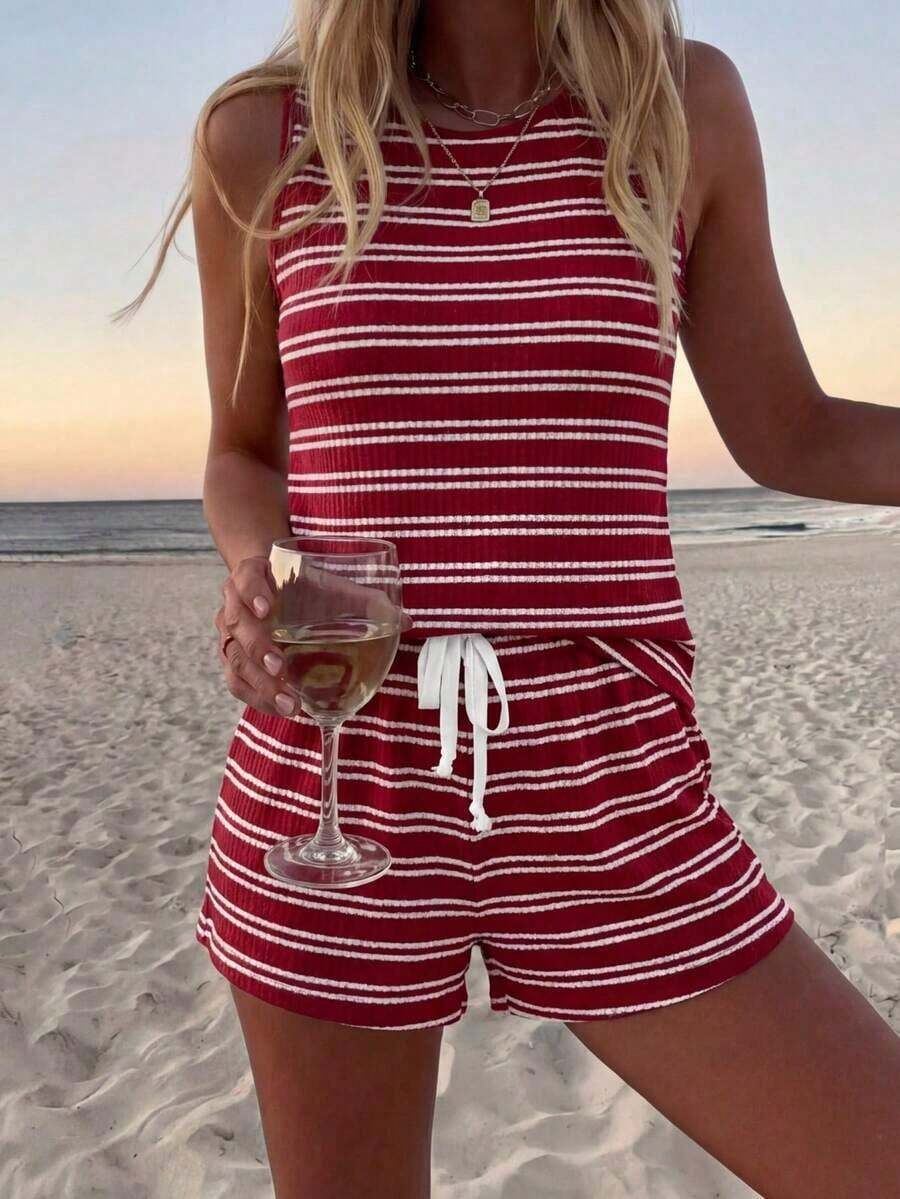 Conjunto de 2 piezas de top de tirantes con estampado de caballo blanco y shorts a rayas, adecuado para uso casual diario, primavera/verano - Multicolor 3 - Ver 1