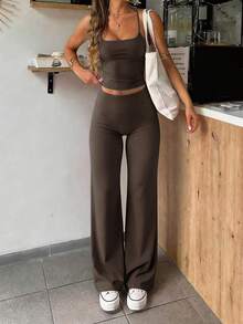 GAOVOT Women's Sports Two Pieces Summer Sexy Tank Top With Breast Pad And High Waist Hip Straight Pants Are Suitable For Yoga Gym - Brown - View 5