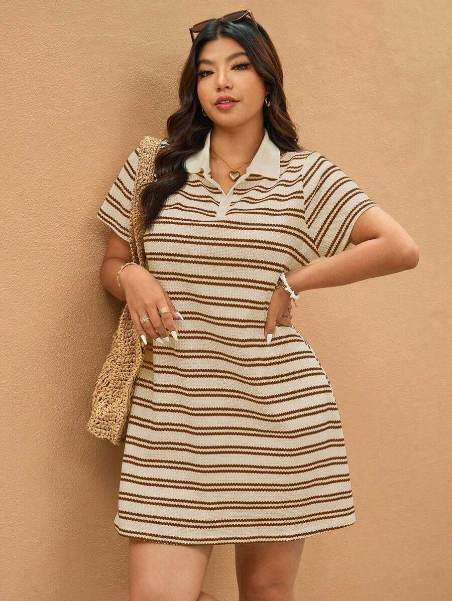 Elaquor Vestido de manga corta con cuello a rayas talla para mujer, nuevo vestido casual para mujer para picnic, vestido casual de negocios para mujer de talla - Albaricoque - Ver 1
