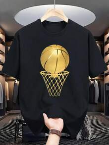 Men's Casual Summer T-Shirt With A Creative Gold Basketball Net Print, Short-Sleeved Crew Neck T-Shirt, Suitable For Everyday Wear On Various Occasions. Features A Minimalist INS Letter Print, A Sports Pattern Collection With Religious-Style Lettering, And A Loose, Soft Fit. The Perfect Gift Choice. - 黑色 - 查看 1