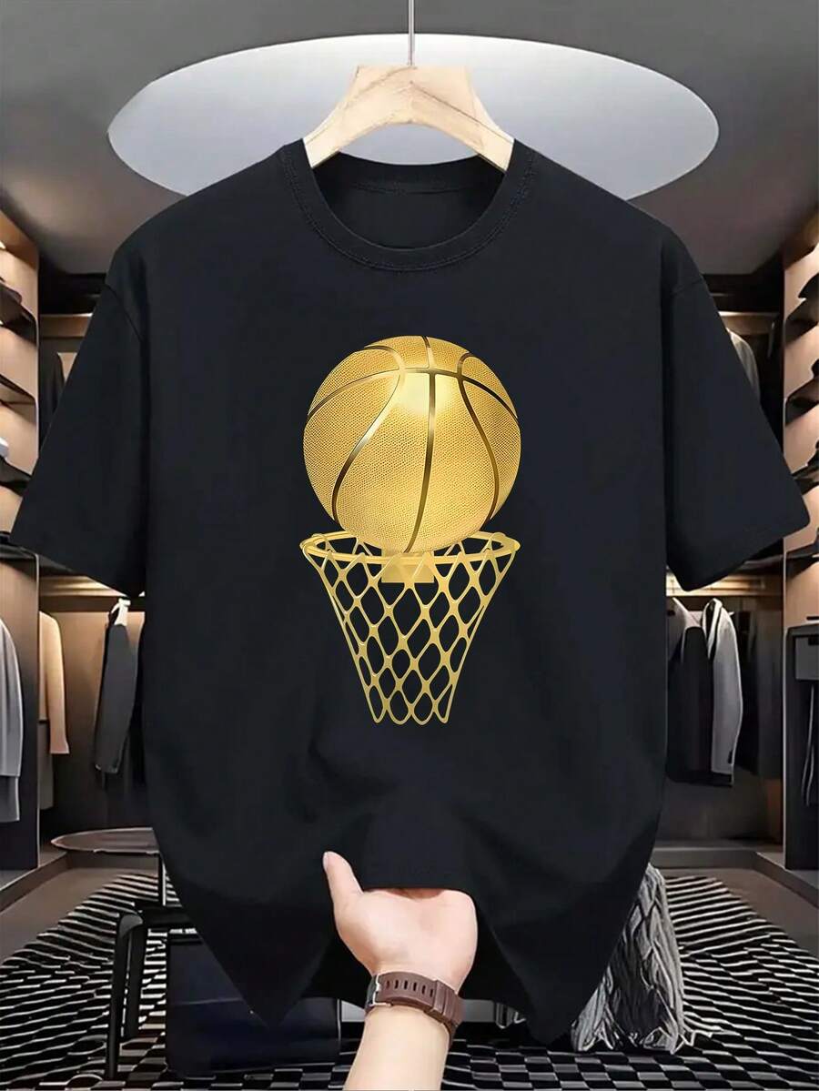 Men's Casual Summer T-Shirt With A Creative Gold Basketball Net Print, Short-Sleeved Crew Neck T-Shirt, Suitable For Everyday Wear On Various Occasions. Features A Minimalist INS Letter Print, A Sports Pattern Collection With Religious-Style Lettering, And A Loose, Soft Fit. The Perfect Gift Choice. - 黑色 - 查看 1
