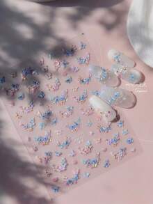 1张轻奢碎钻蓝蝴蝶美甲贴纸，3D立体渐变亮片蝴蝶美甲图案设计，自粘式美甲装饰贴纸，DIY美甲贴花 - 彩色 - 查看 5