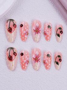 NAIO 24pcs/Set Press On Nails Almond Nail Tips, Y2K Baddie Style, Green And White Color Scheme, A French Pointed Toe, 3D Floral, Ladybug, And Strawberry Patterns, And Is Inlaid With Gold Beads.Suitable For Women And Girls, Party, Daily Wear, Comes With Tool Kit, Great Gift For Ladies Nails - Multicolor - View 3