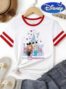 Disney Officially Licensed Summer Polyester Ringer T-Shirt Women, Red White Contrast Sleeve, Frozen Elsa Anna Castle Print, Sister Best Friend Outfit, Disney Park Photo Top - 白色 - 查看 2