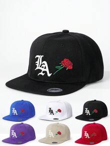 1pc Embroidered LA Rose Flat-Brim Baseball Cap, Personalized Letter Embroidery, Streetwear Fashion 5-Panel Cap, Outdoor Sun Protection Casual Hat For Spring/Autumn Travel, Beach - Baseball Cap - View 11