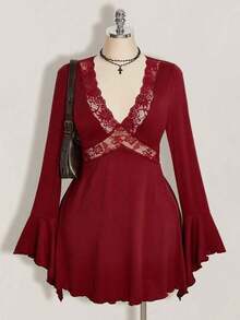 ICON Vestido de mujer talla grande con mangas acampanadas, cintura ceñida y estampado floral de encaje gótico, adecuado para primavera, verano y otoño - Burdeos - Ver 5