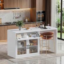 AYYDS 2-In-1 Kitchen Island, Marble Look, With EU Socket & Storage Space – Freestanding Buffet/Breakfast Table For Kitchen/Dining Room - Black - View 1