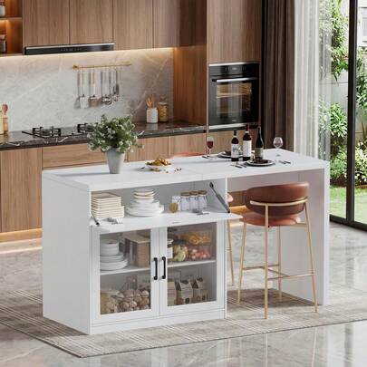 AYYDS 2-In-1 Kitchen Island, Marble Look, With EU Socket & Storage Space – Freestanding Buffet/Breakfast Table For Kitchen/Dining Room