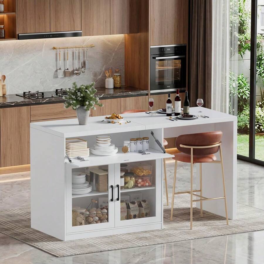 AYYDS 2-In-1 Kitchen Island, Marble Look, With EU Socket & Storage Space – Freestanding Buffet/Breakfast Table For Kitchen/Dining Room - Black - View 1