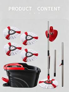 1 Set Foot Pedal Spin Mop & Bucket With Wringer, 360° Rotating Mop System With 4 Microfiber Mop Heads, 135cm Extended Handle Spinning Mop, Red & Black Household Cleaning Supplies - 腳踏款拖把桶套裝 - 查看 3