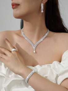 5 piezas/Set Collar, Aretes, Pulsera, Anillo Decorados con Cristales de Circonita Brillante en Forma de Gota de Agua y Rombo de Lujo Ligero para Mujer, Adecuado para Novia, Boda, Festival, Vacaciones, Uso Diario, Fiesta, Regalo, Elegante, Lujoso, Joyería de Alta Gama - Plateado - Ver 5