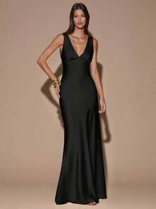 fsvsSHEIN  Vestido de tirantes con escote en V profundo y espalda descubierta, de unicolor amarillo/crema, de estilo minimalista y sexy, adecuado para fiestas, cócteles, ocasiones formales, dama de honor, cumpleaños, Navidad y casual de negociossdvs KE52 - Negro 3 - Ver 2