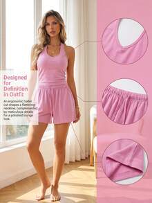 TCVC Women's 2 Pieces Halter Neck Loungewear Set With Removable Padded Bra, 3 Colors Available Sports - Pink - View 9