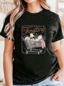 Women's And Unisex "I'd Rather Be Thrifting" Thrift Store T-Shirt - Soft, Breathable, Casual, Short Sleeve, Round Neck, Thrift Store Inspired Graphic Tee, Great Gift For Shopahol - 後退 - 查看 2