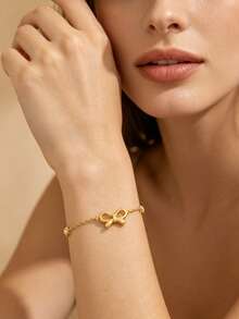 1pc Elegant Minimalist Stainless Steel Chain Bracelet With Bowknot Design And Glass Decor, Suitable For Women's Daily Wear, Work Commute Or Vacation - Yellow Gold - View 3