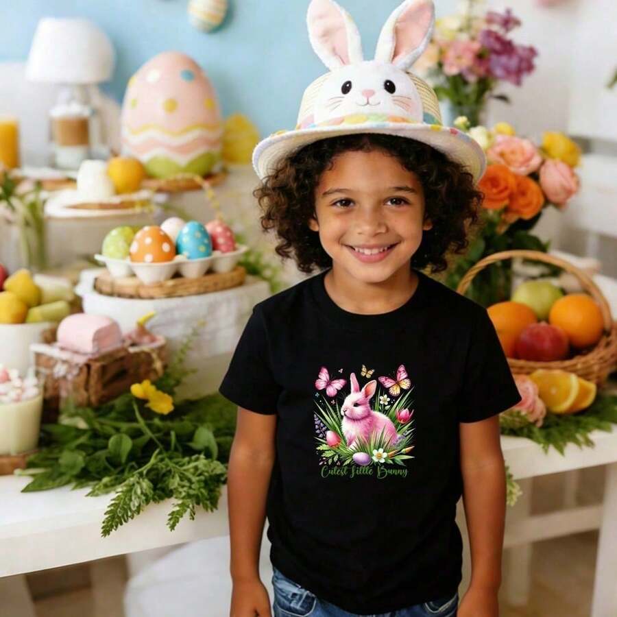 Ropa para niñas, camiseta de algodón suave y casual con cuello redondo, estampado con diseño de conejitos adorables, mariposas y plantas verdes, tema de Pascua. Color negro. - Negro - Ver 1