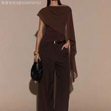 Fengyu Women's Clothing Store  Blusa de punto con cuello anudado y hombro asimétrico, suéter elegante y ajustado, otoño/invierno - Rojo - Ver 5