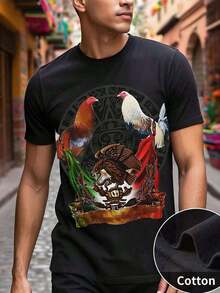 Men's Summer Fashion Casual Pattern T-Shirt With Rooster And Eagle Print On Cultural Background, Round Neck, Short Sleeves, 220g Pure Heavy Cotton, Thick And Comfortable QCWV - 黑色 - 查看 2