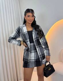 Women's Plaid Blazer And Mini Skirt Set: A Modern Winter Look, Two Pieces For Autumn And Winter. - 白色 - 查看 2